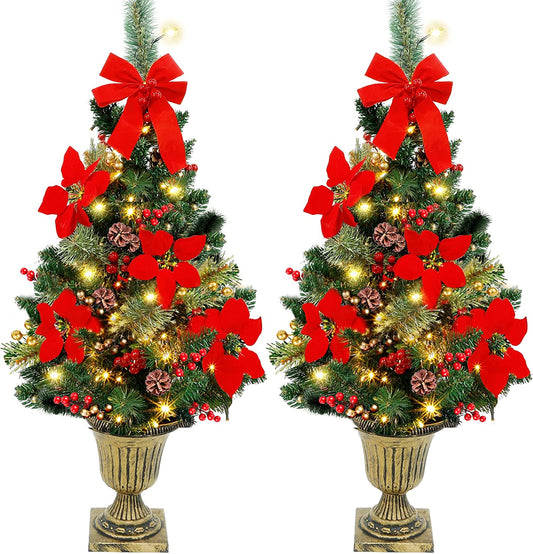 Juegoal 3 FT Christmas Tree, Pre-Lit Poinsettia Spruce Entrance Trees with 100 LEDs Lights, Pine Cones, Red & Golden Berries in Gold Urn Base for Front Door, Porch, Entryway Xmas Home Decor, 2 Pack