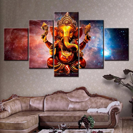 5 Pieces Hindu God Ganesha With Cosmic Planet Canvas Pictures Hd Printed Wall Art for Living Room Decor Buddhism Posters 40x20inch(100x50cm) Framework