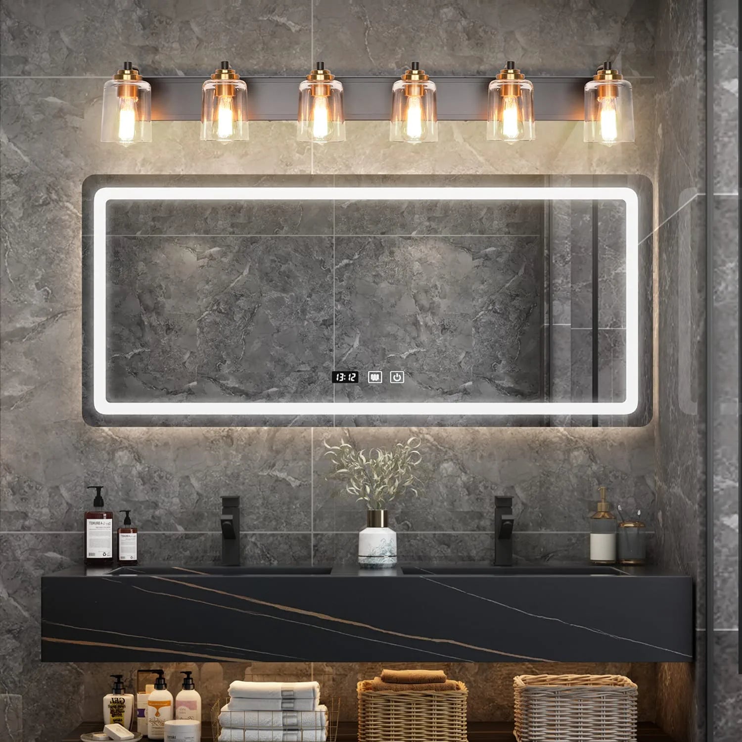 Bathroom Vanity Light Black and Bronze Durable Glass Globe Vintage Stylish Lighting 6 Lights(8580)