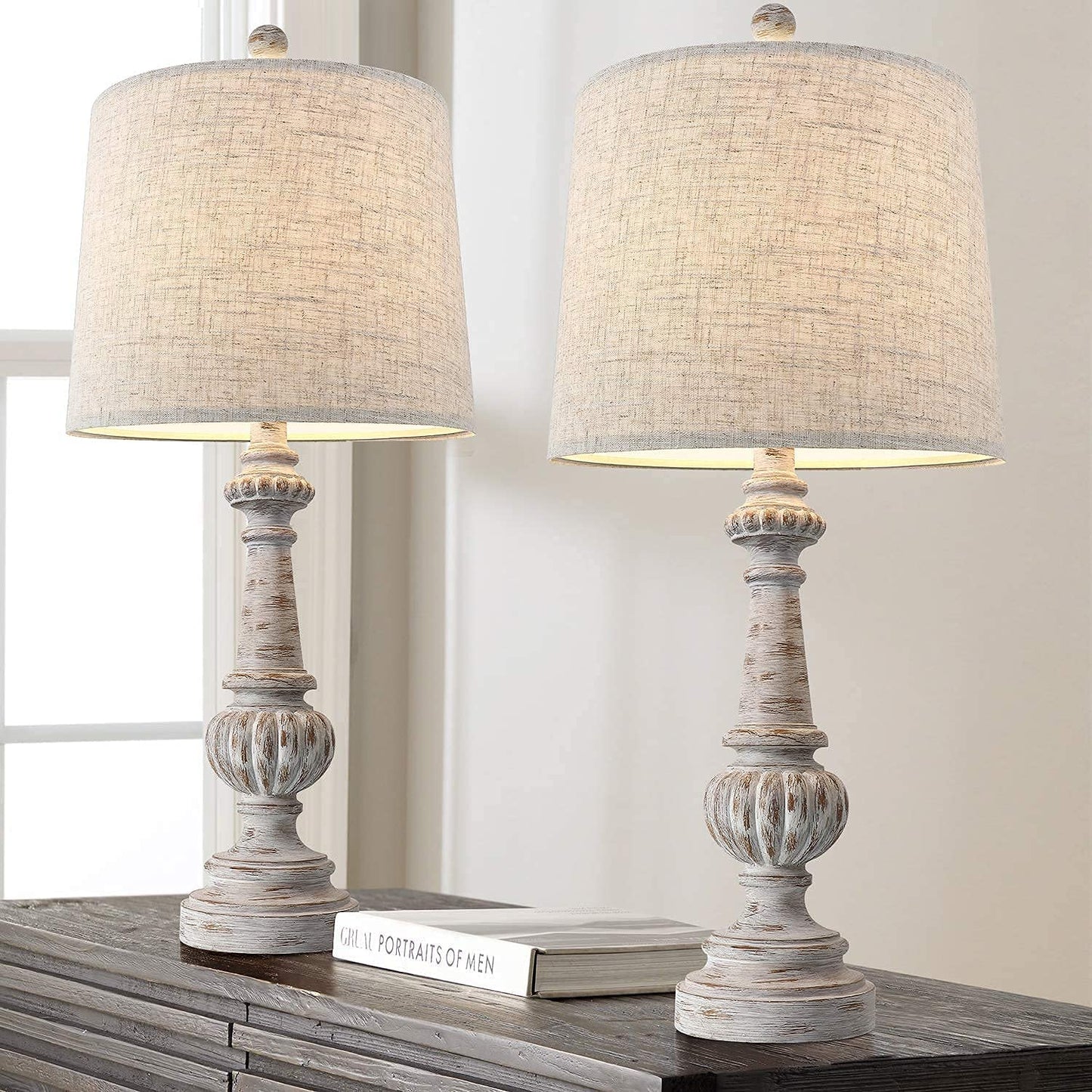 PORTRES 24.5'' Traditional Table Lamp Set of 2 for Living Room Linen Fabric Lampshade Bedside Nightstand Lamps for Bedroom Kids Room Study Room Office Rustic Table Lamps Resin