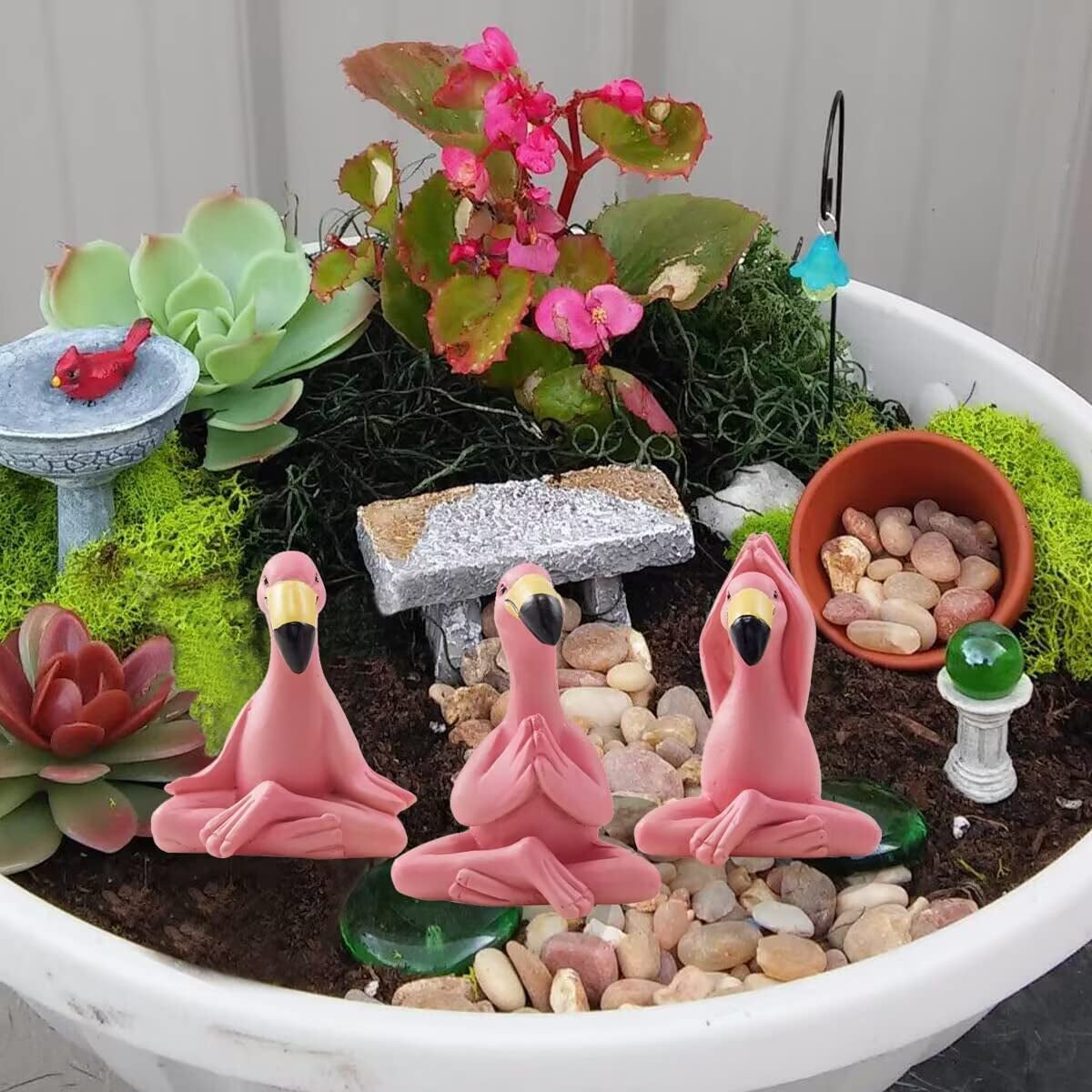 Goodeco Mini Yoga Flamingo Figurine - Whimsical Kawaii Pink Flamingo Desk Decor, 2.4" Tall Set of 3 Fairy Garden Lawn Statues, Flamingo Gifts for Women/Mom/Grandma/Girls,Tiny Gifts for Christmas