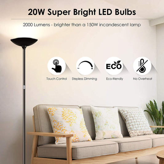 Floor Lamp, Standing Lamp, 20W 2000LM LED Torchiere Floor Lamp, Stepless Dimmable, Touch Control, 3000K Daylight, 50000Hrs Lifespan, Floor Lamps for Living Room, Standing Lamps for Bedroom
