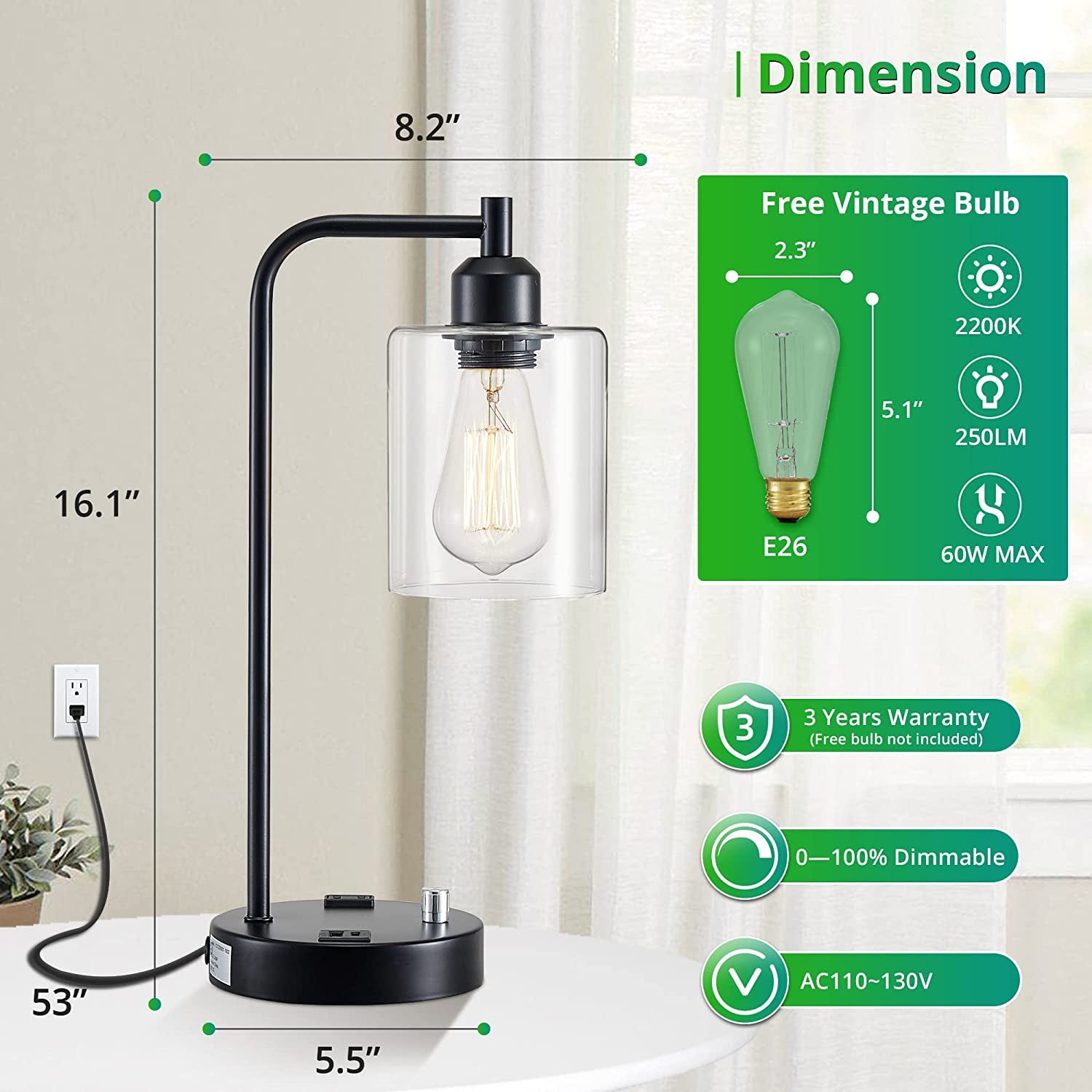 Set of 2 Industrial Table Lamps with AC Outlet and 2 USB Ports, Fully Stepless Dimmable Bedside Lamps, Nightstand Lamp with Glass Shade for Bedroom, Living Room, Office, 2700K Bulbs Included