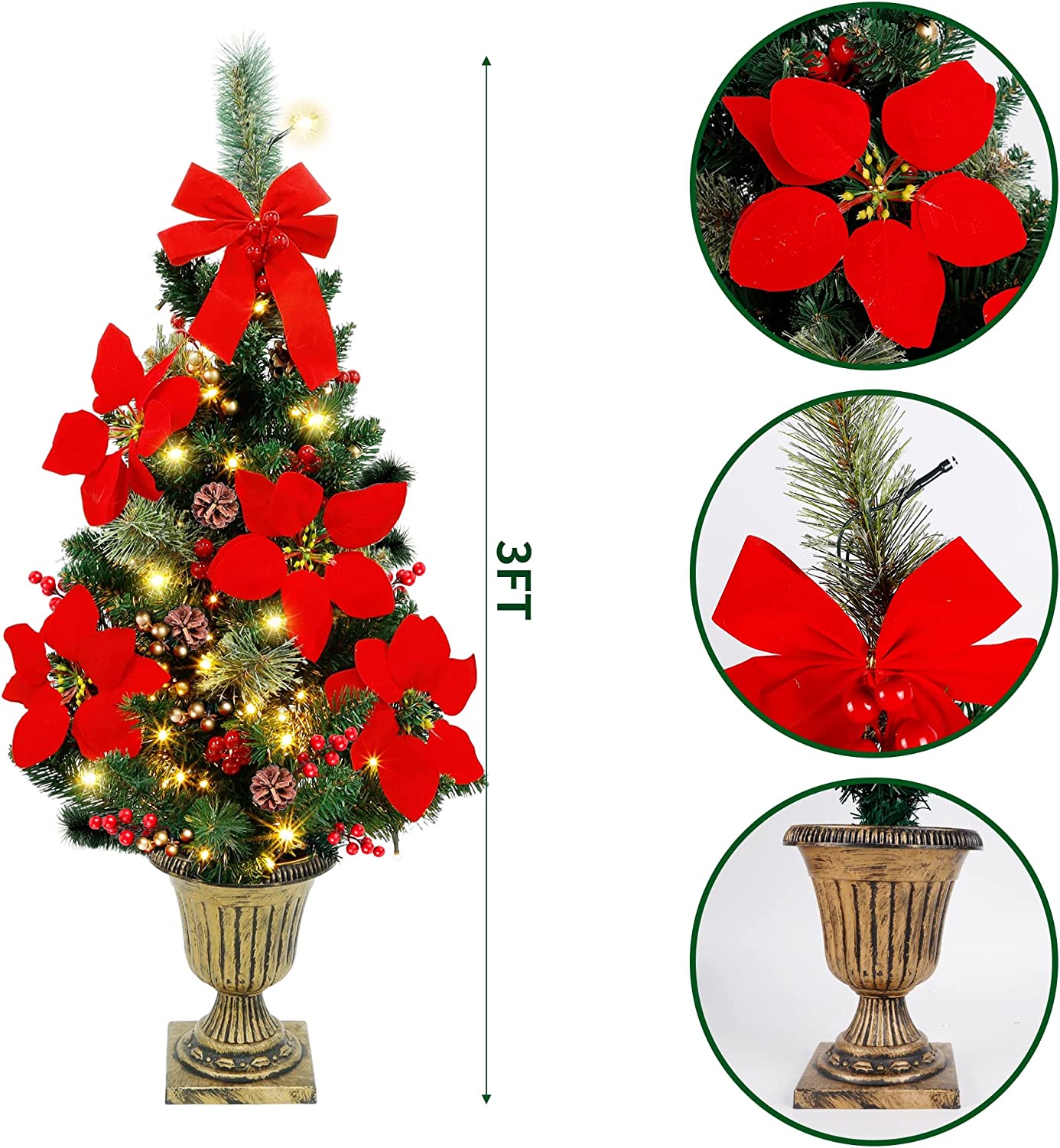 Juegoal 3 FT Christmas Tree, Pre-Lit Poinsettia Spruce Entrance Trees with 100 LEDs Lights, Pine Cones, Red & Golden Berries in Gold Urn Base for Front Door, Porch, Entryway Xmas Home Decor, 2 Pack