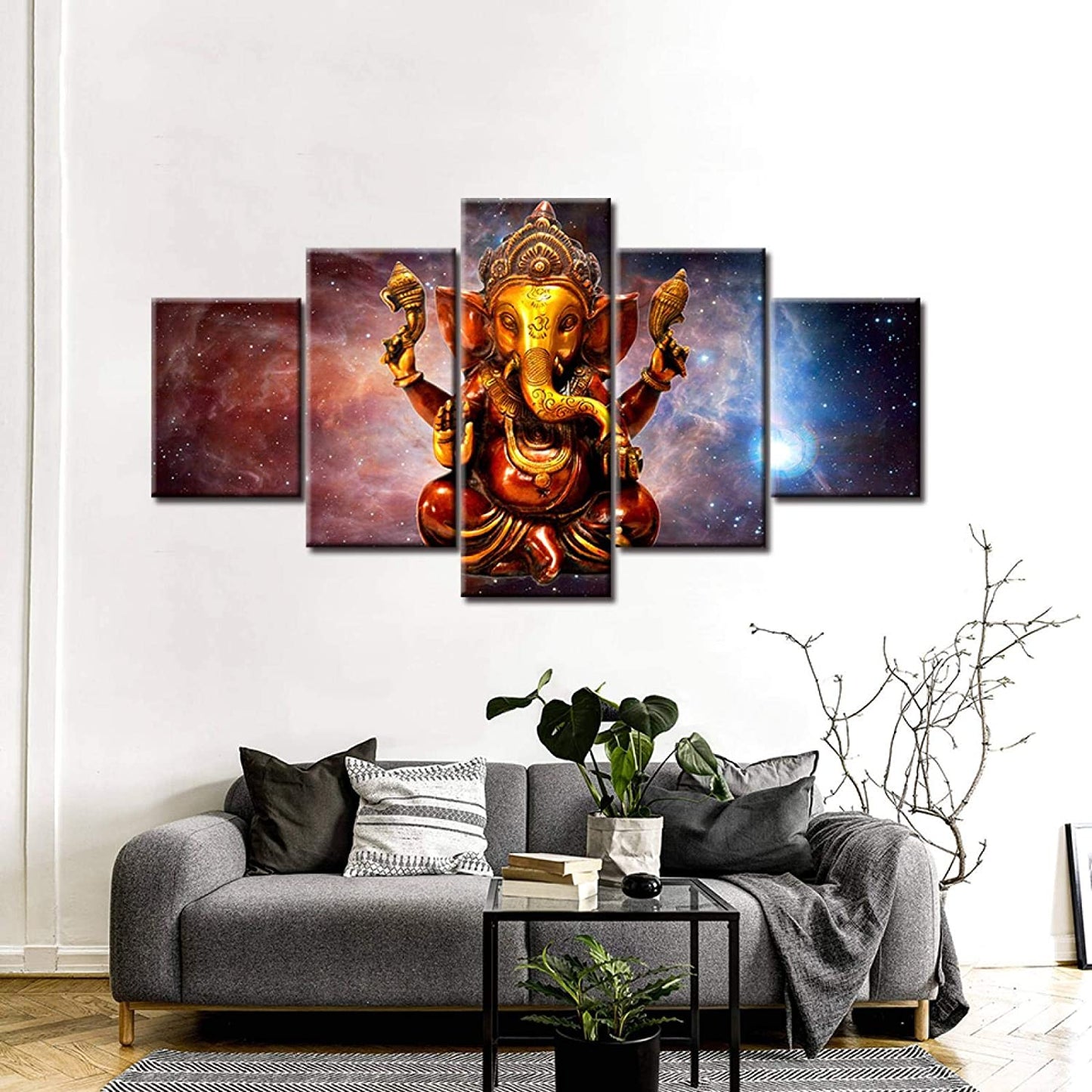 5 Pieces Hindu God Ganesha With Cosmic Planet Canvas Pictures Hd Printed Wall Art for Living Room Decor Buddhism Posters 40x20inch(100x50cm) Framework