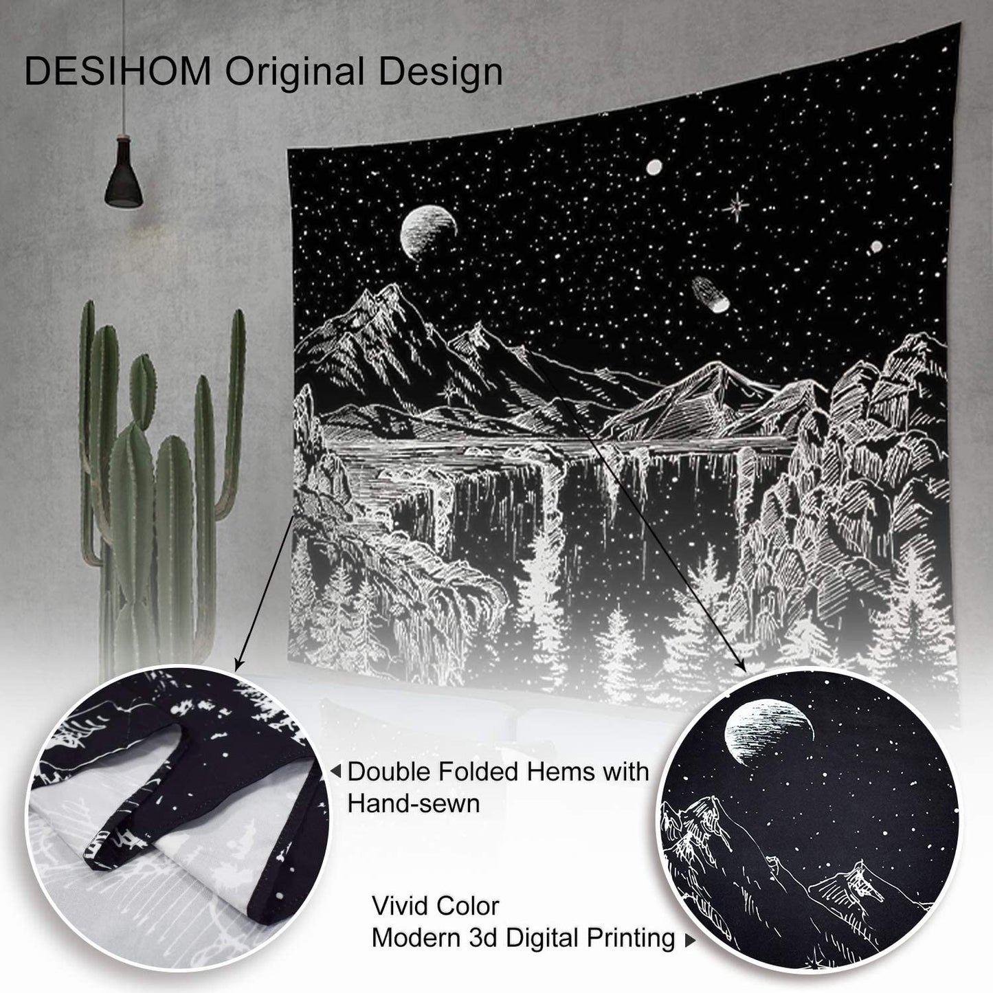 Starry Night Tapestry Mountain Tapestry Moon Stars Tapestry Black and White Tapestry for Bedroom Living Room 59X51 Inch