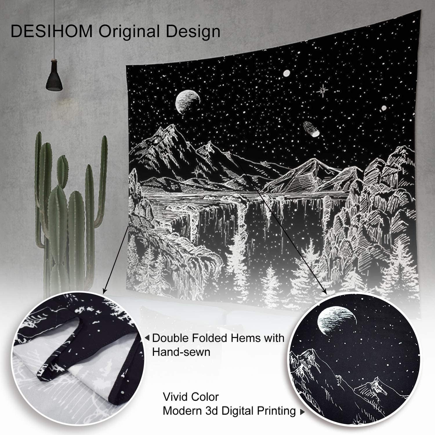Starry Night Tapestry Mountain Tapestry Moon Stars Tapestry Black and White Tapestry for Bedroom Living Room 59X51 Inch