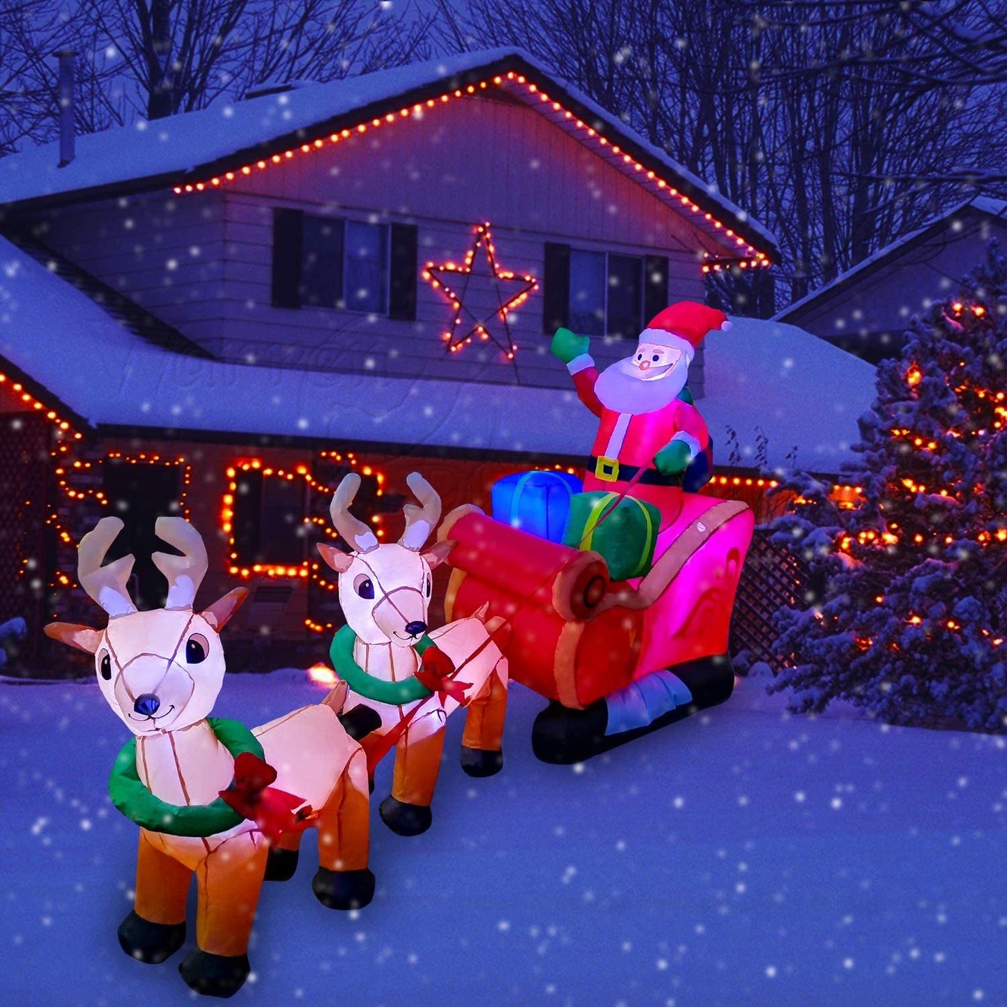 8 Ft Inflatable Christmas Reindeer Pull the Sleigh Take Santa Claus Xmas Decoration for Yard Lawn Garden Home Party Indoor Outdoor