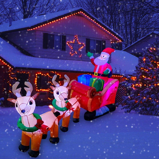 8 Ft Inflatable Christmas Reindeer Pull the Sleigh Take Santa Claus Xmas Decoration for Yard Lawn Garden Home Party Indoor Outdoor