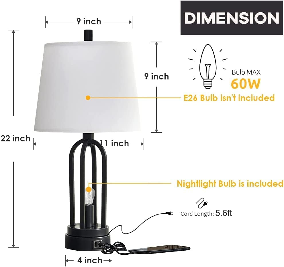 22" Industrial Table Lamp Set of 2, Farmhouse Table Lamp with 2 USB Ports Bedside Lamp with 2 LED Nightlight Blubs, Rustic Nightstand Lamp for Living Room Bedroom Reading Study Office (Black)