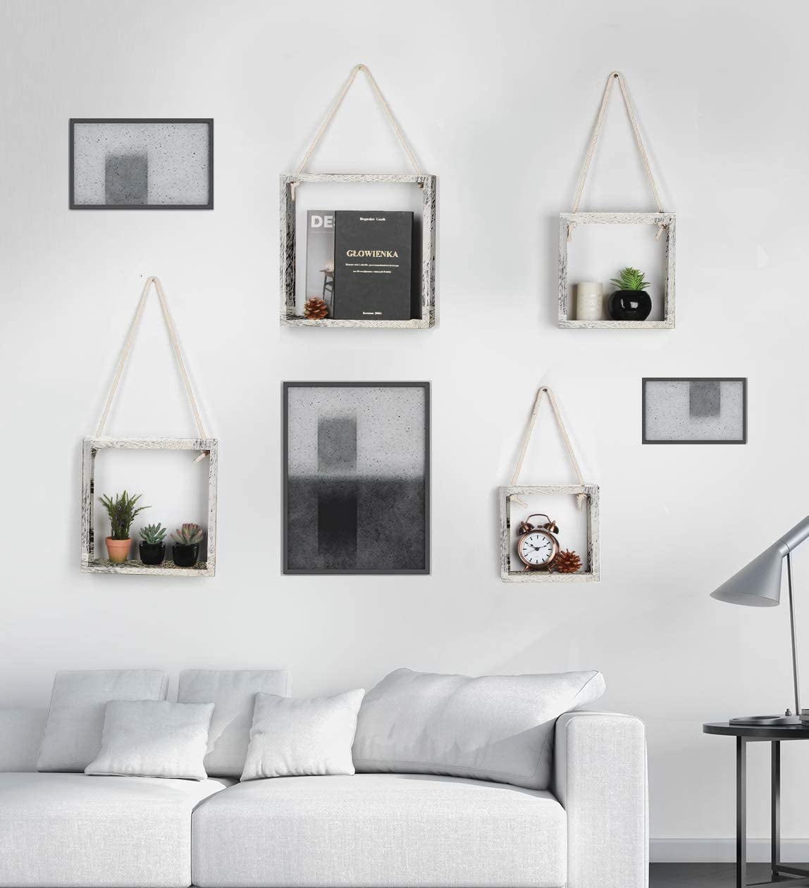 J JACKCUBE DESIGN Floating Hanging Square Shelves Wall Mounted Rustic Wood Cube Display Shelf Shadow Boxes Decorative Boho Home Décor for Living Room, Bedroom, Office, Set of 4 (White) - MK571C