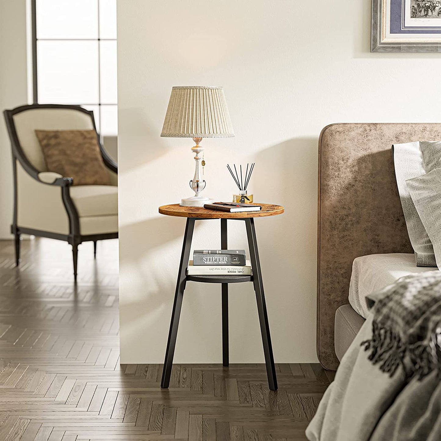 round End Table, Side Table with Wooden Shelves, 2-Tier Rustic Vintage Table for Living Room Bedroom, Metal Frames and Wooden Boards, Rustic Brown