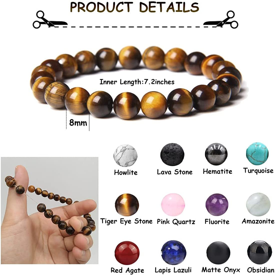 12 Pcs 8Mm Gemstones Beaded Bracelets for Men Women Stone Bead Healing Stretch round Bead Crystal Semi-Precious Bracelets Unisex