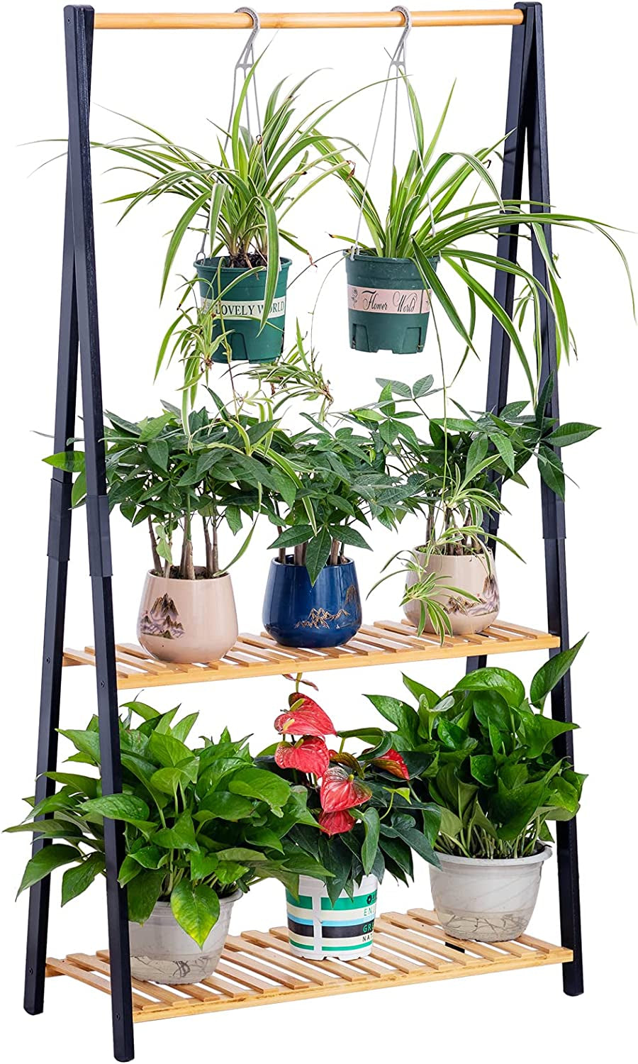 Bamboo 2-Tier Hanging Plant Stand Planter Shelves Flower Pot Organizer Rack Multiple Flower Pot Display Holder Shelf Indoor Outdoor Heavy Duty Planter Shelving Unit