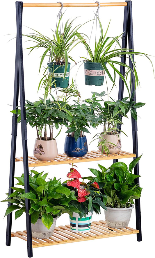 Bamboo 2-Tier Hanging Plant Stand Planter Shelves Flower Pot Organizer Rack Multiple Flower Pot Display Holder Shelf Indoor Outdoor Heavy Duty Planter Shelving Unit
