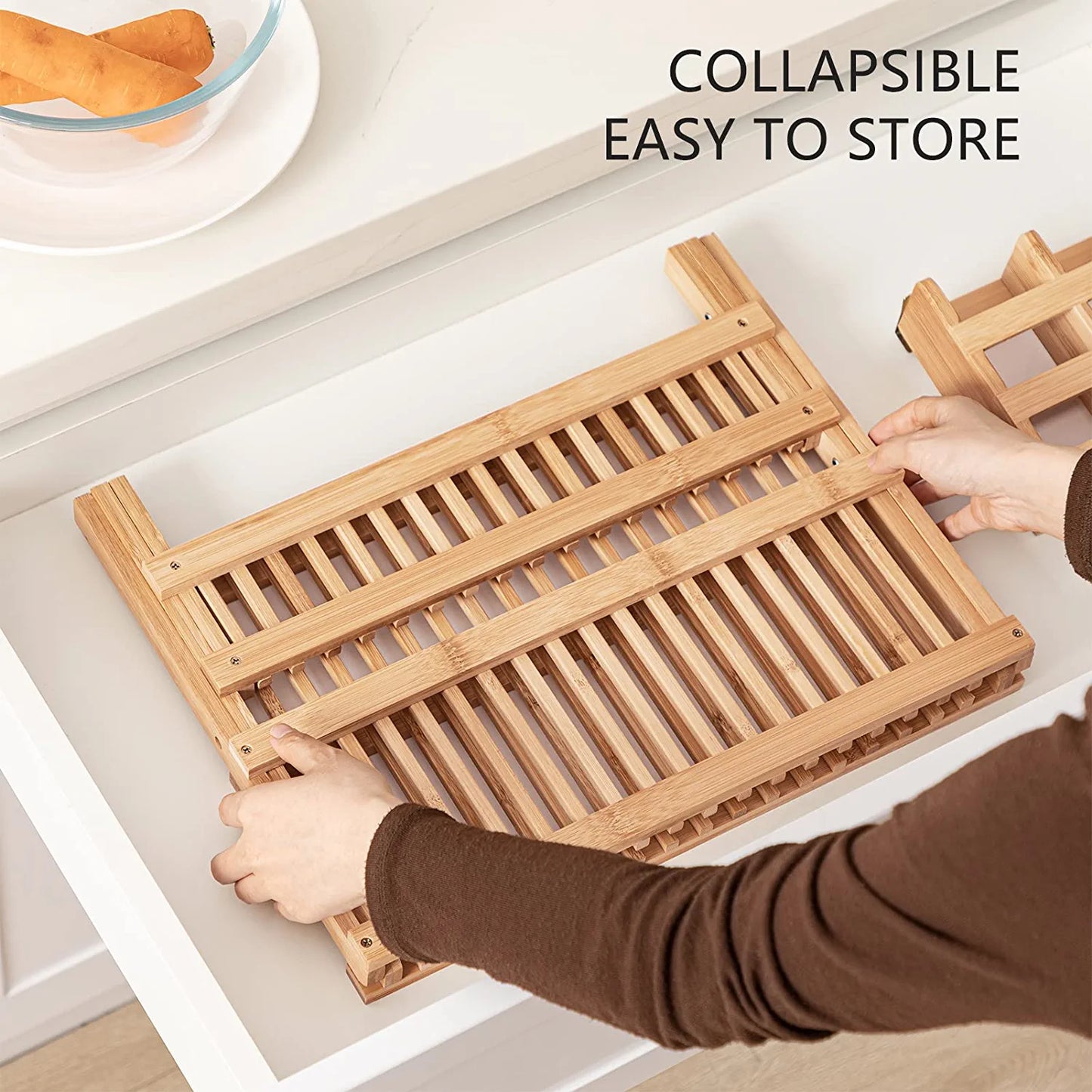Dish Rack,Bamboo Folding 2-Tier Collapsible Drainer Dish Drying Rack with Utensils Flatware Holder Set (Dish Rack with Utensil Holder)