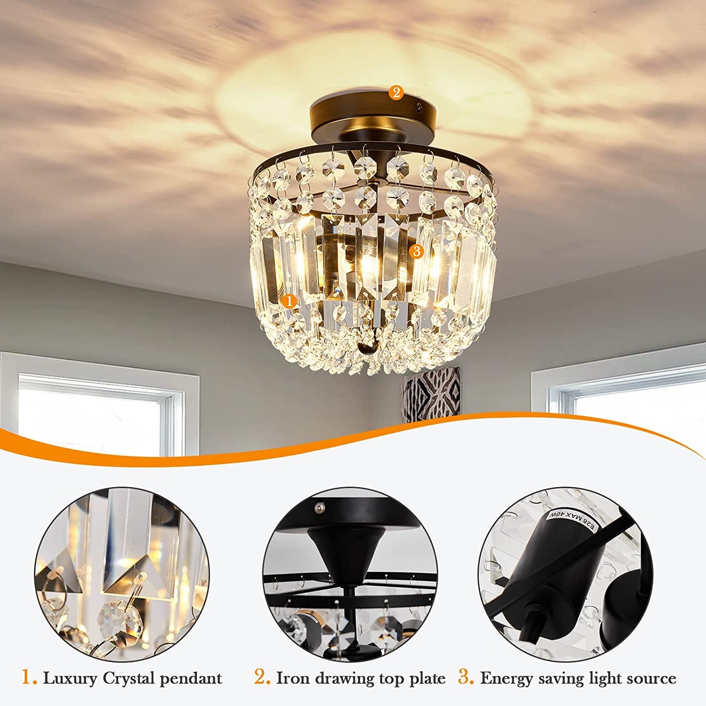 Small Crystal Chandelier 2- Lights ，Modern Semi Flush Mount Ceiling Light Fixture for Hallway Kitchen Foyer （Black）