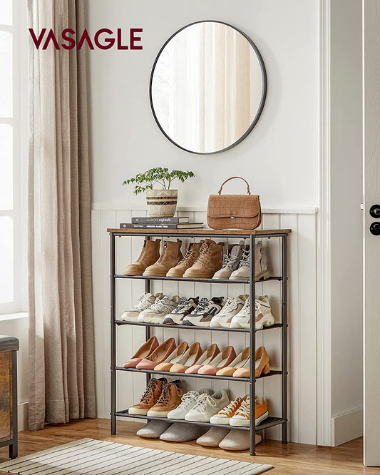 Shoe Rack 5 Tier, Narrow Shoe Organizer for Closet Entryway, with 4 Fabric Shelves and Top for Bags, Shoe Shelf, Steel Frame, Industrial, Rustic Brown and Black ULBS036B01