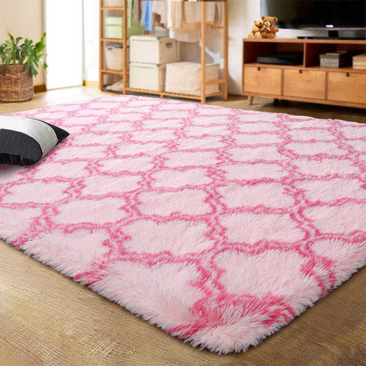 Luxury Shag Area Rug Modern Indoor Plush Fluffy Rugs, Extra Soft and Comfy Carpet, Geometric Moroccan Rugs for Bedroom Living Room Girls Kids Nursery, 5X8 Feet Pink/Hot Pink