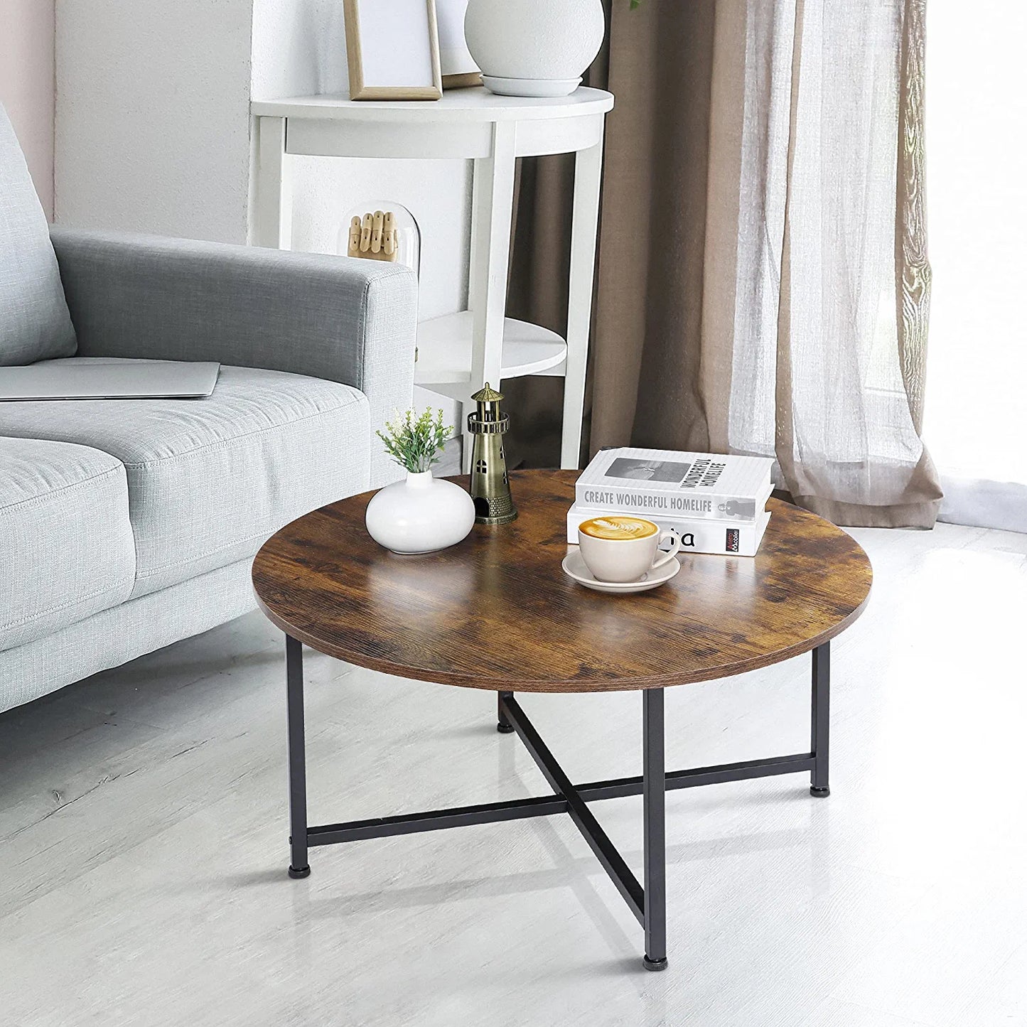 round Coffee Table, Industrial Style Cocktail Table Modern Leisure Tea Table, Kitchen Dining Table for Living Room, Dining Room, Tea, Home Office Balcony with Durable Metal Frame