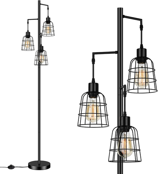 Industrial 3-Light Tree Floor Lamp with Cup-Shaped Cages Farmhouse Rustic Tall Standing Lamp for Living Room Vintage Elegant Black Pole Light with Edison E26 Base Metal Shade for Bedroom Office Hotel