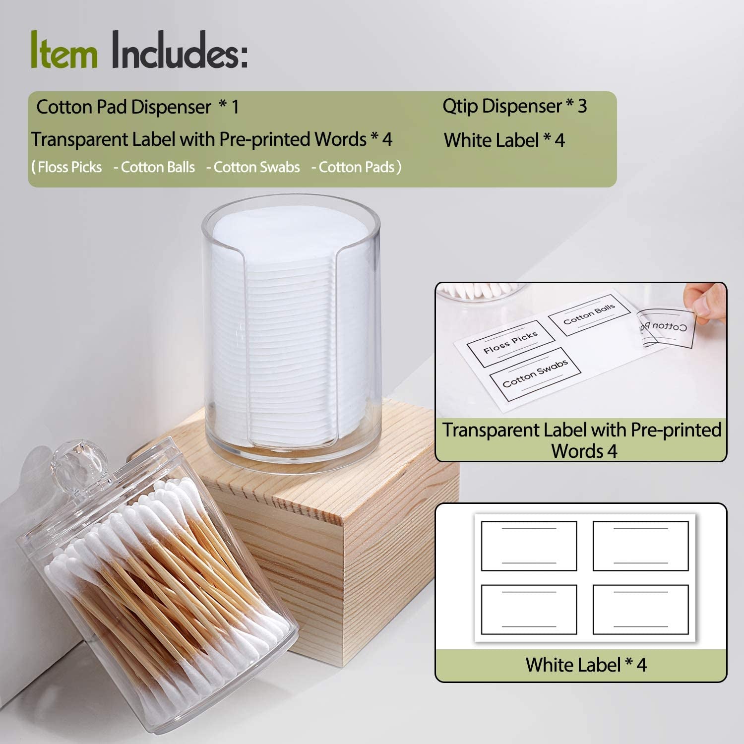4 Pcs, 10 OZ Qtip Holder Dispenser for Cotton Ball, Cotton Swab, Cotton round Pads, Floss - Clear Plastic Apothecary Jar Set for Bathroom Canister Storage Organization, Vanity Makeup Organizer