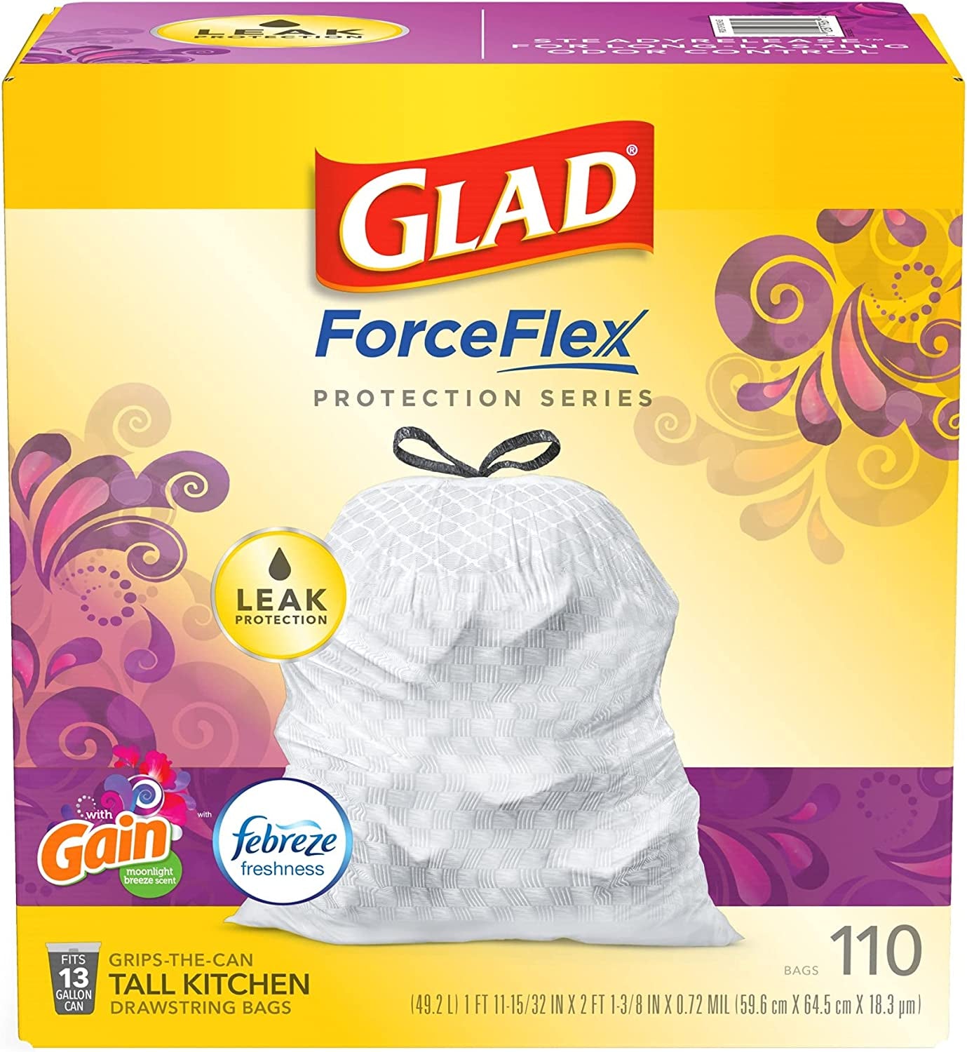Trash & Food Storage Forceflex Protection Series Tall Trash Bags, 13 Gal, Gain Moonlight Breeze with Febreze, 110 Ct (Package May Vary)