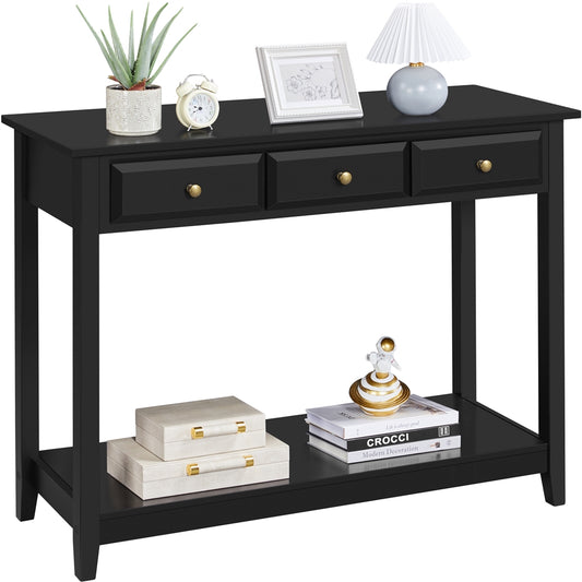 3-Drawer Wooden Console Table Entryway Table with Storage Shelf Pine Wood Legs, Black