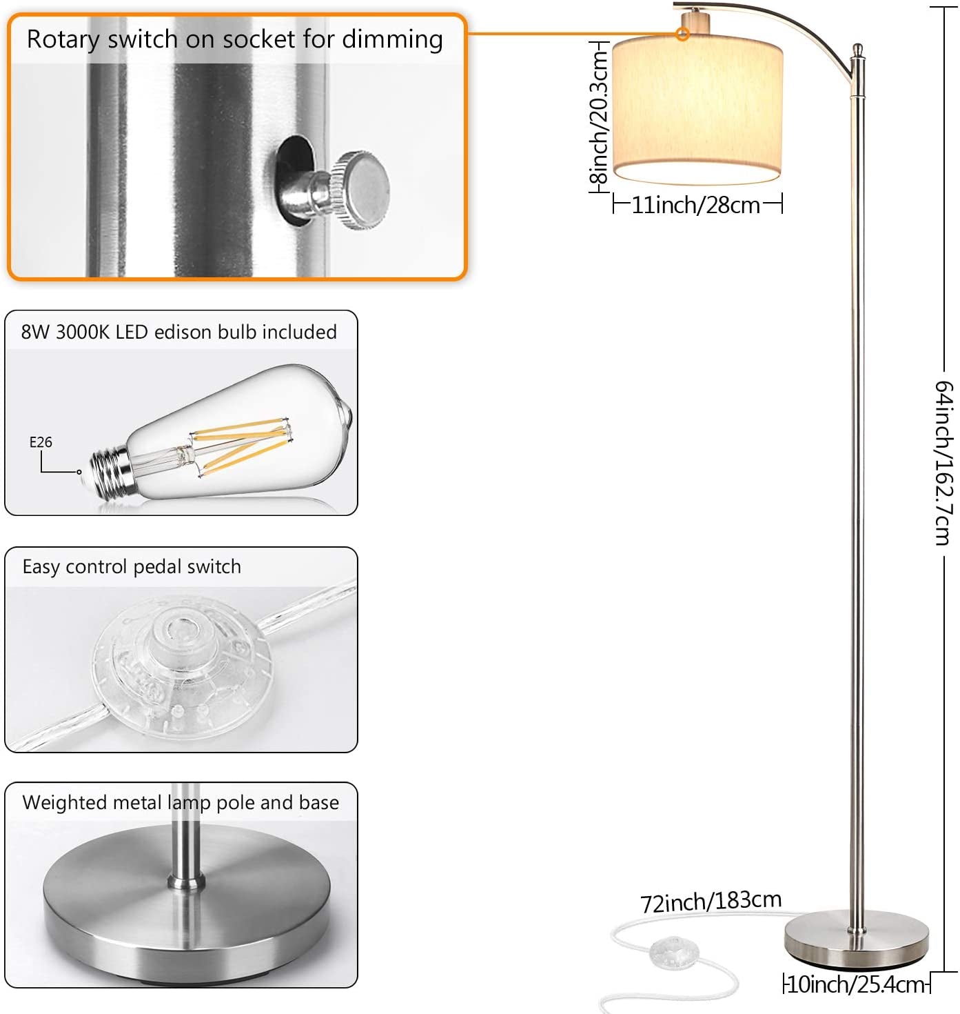 LED Floor Lamp with Dimmer, Fully Dimmable Standing Lamp Modern Tall Pole Lamp with Hanging Fabric Shade and Silver Base Montage Reading Light for Living Room Bedroom, Bright 8W LED Bulb Included
