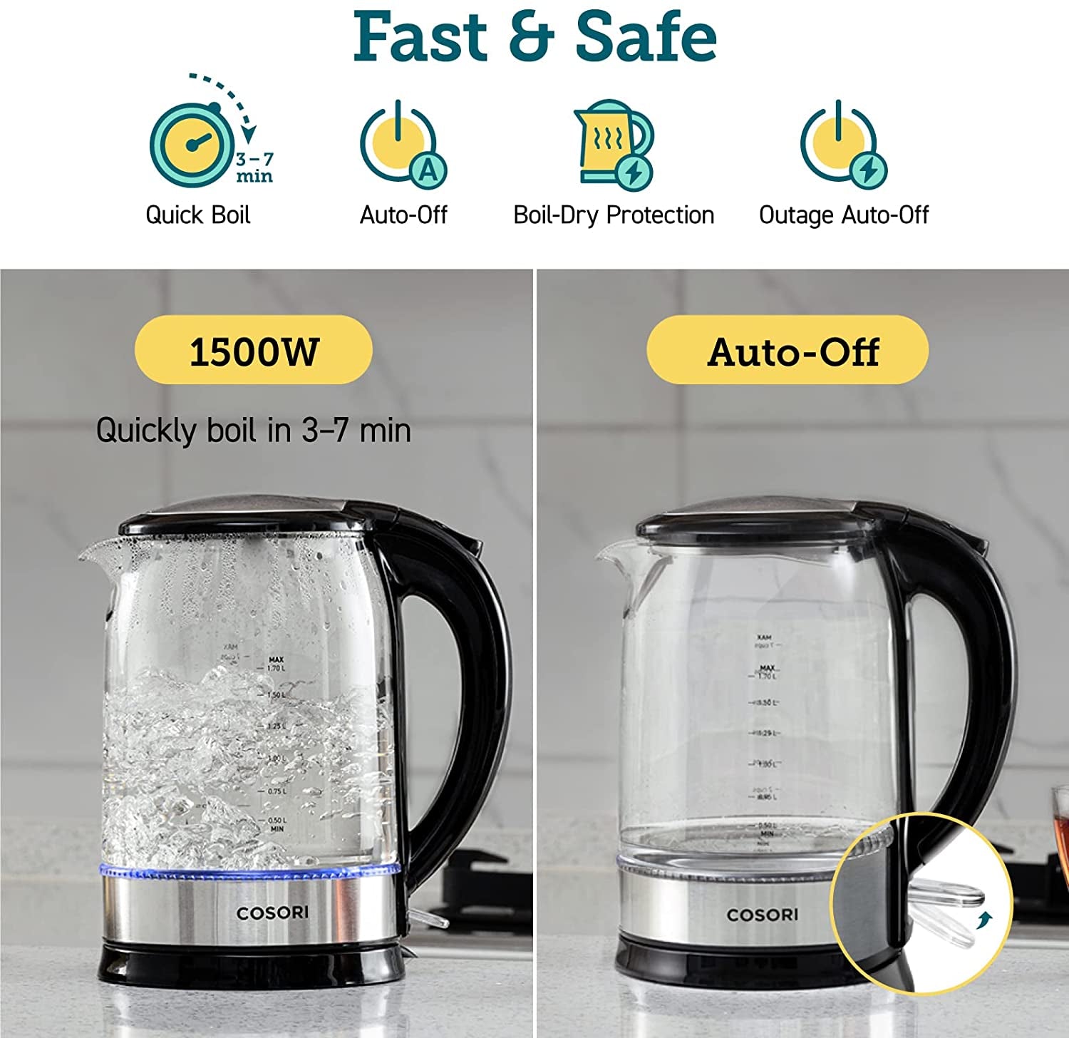 Electric Kettle for Boiling Water, 1500W Wider Mouth 1.7L Glass Electric Tea Kettle & Electric Water Boiler, Stainless Steel Inner Lid, Auto Shut-Off & Boil-Dry Protection, BPA Free, Black
