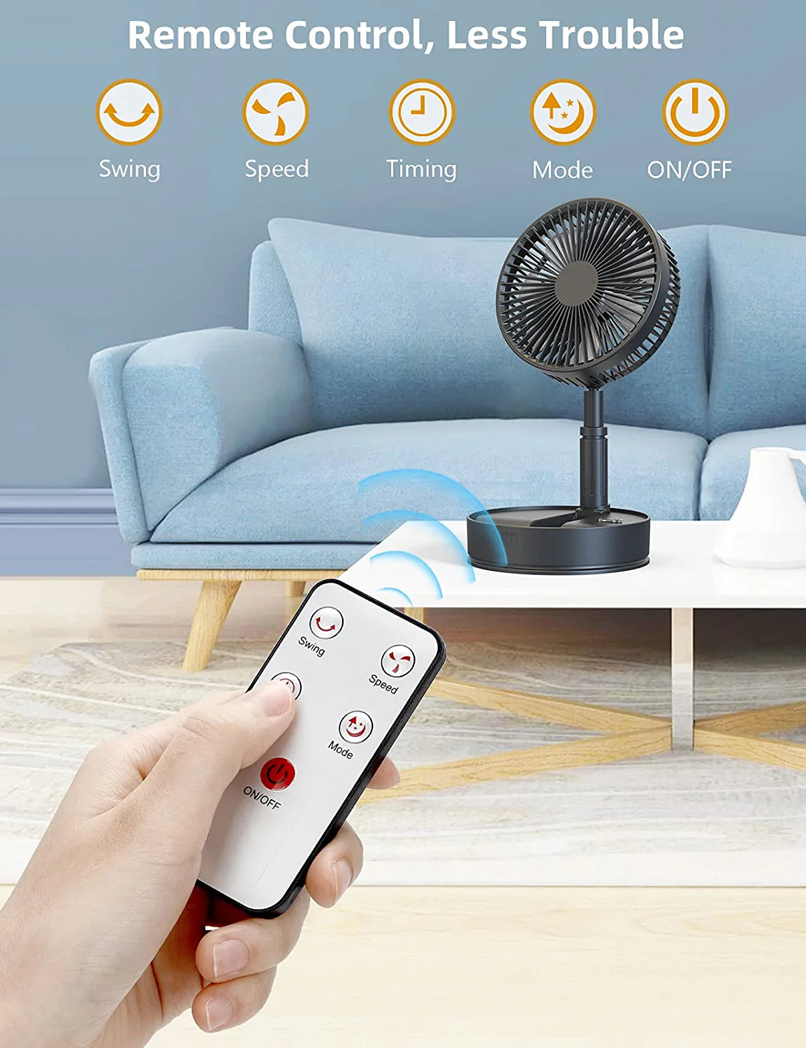 8-Inch Foldaway Oscillating Fan with Remote Control, 7200Mah Rechargeable Battery Operated Pedestal Fan for Bedroom, Timer, 4 Speed, Fast Charging Portable Table Fan for Camping, Outdoor, Room
