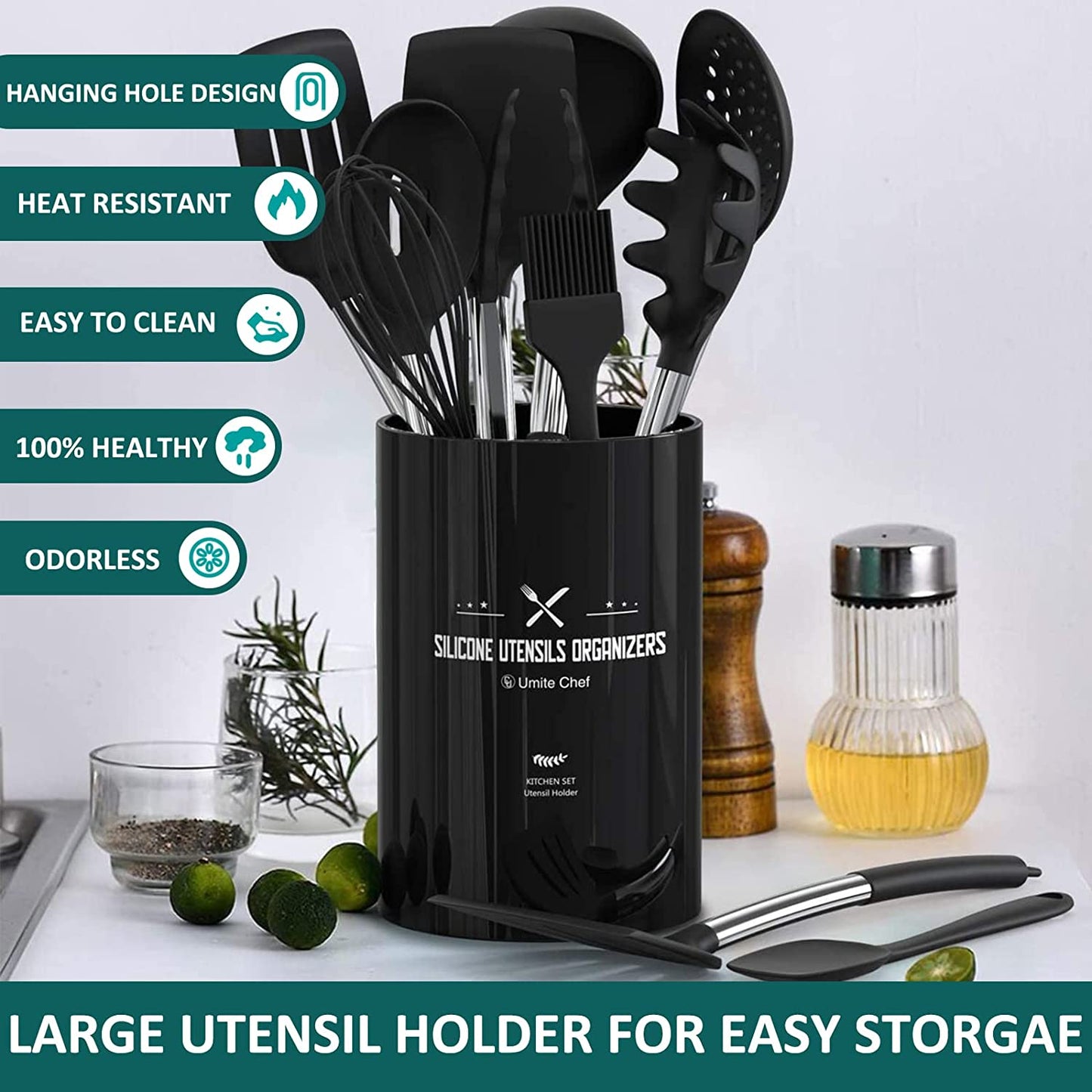 Silicone Cooking Utensil Set,  15Pcs Silicone Cooking Kitchen Utensils Set, Non-Stic - Best Kitchen Cookware with Stainless Steel Handle - Black