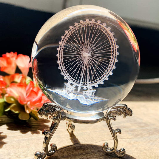 Crystal 2.4 Inch (60Mm) Carving Ferris Wheel Crystal Ball with Sliver-Plated Flowering Stand,Fengshui Glass Ball Home Decoration