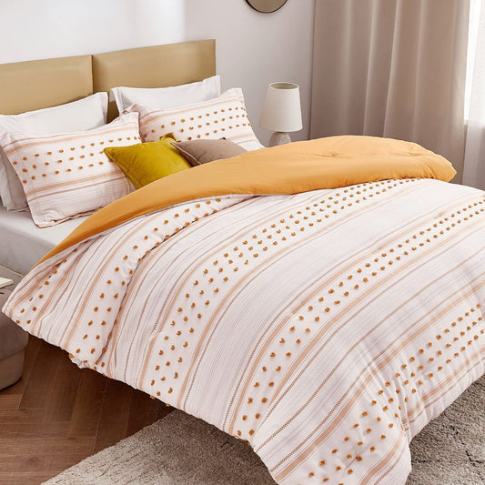 Bedsure Yellow Comforter Set King - Boho Mustard Bedding King , Reversible White Striped Tufted Farmhouse Comforter Sets (102X90 Inches, 3 Pieces)