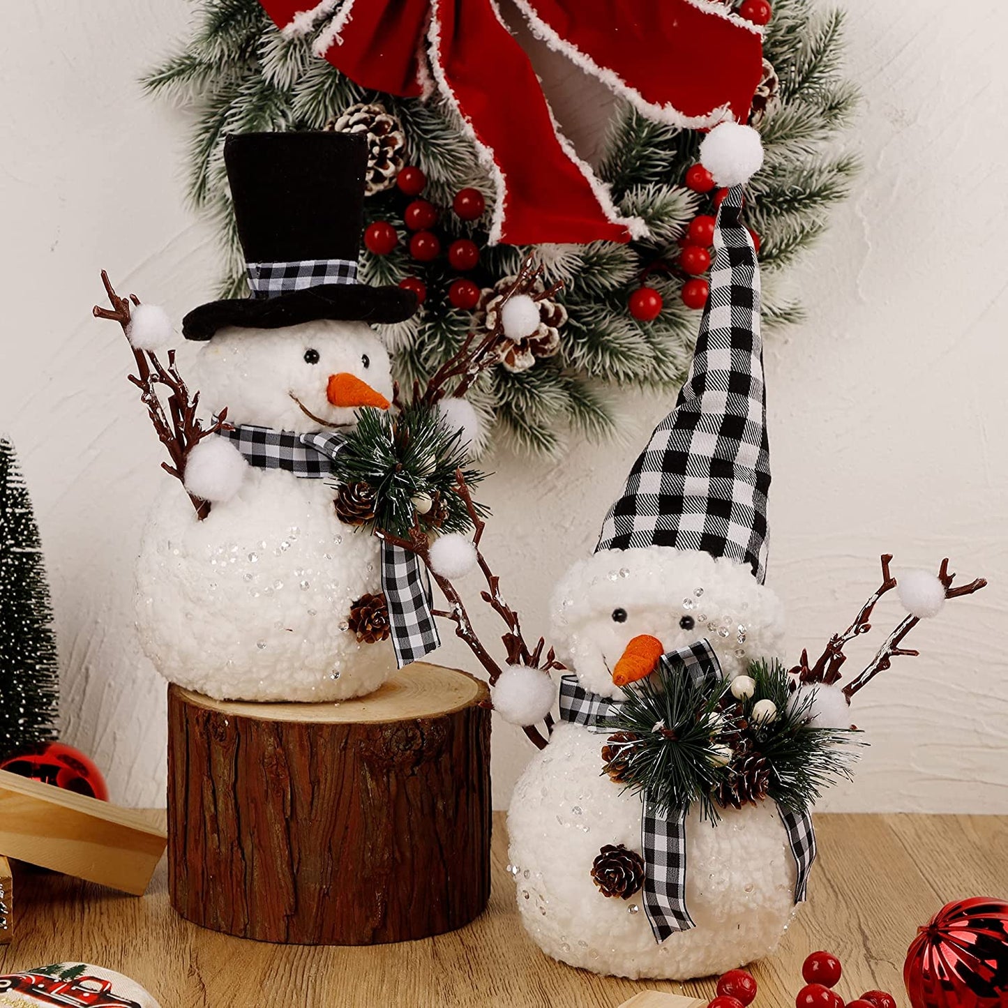 Christmas Table Decorations, Set of 2 Snowman with Pine Cone Twigs, Winter Tabletop Decor for Indoor Home Kitchen Fireplace Office Room Xmas Gifts Holiday Party