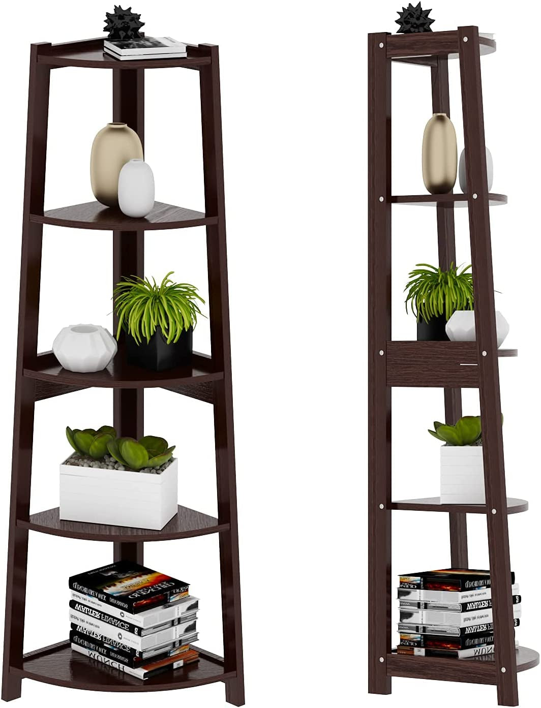 5 Tier Corner Shelf – Modern Wall Corner Storage Rack Plant Stand Small Bookshelf - Freestanding Ladder Shelf Display Organizer for Living Room, Kitchen, Home Office, Small Space (Coffee)