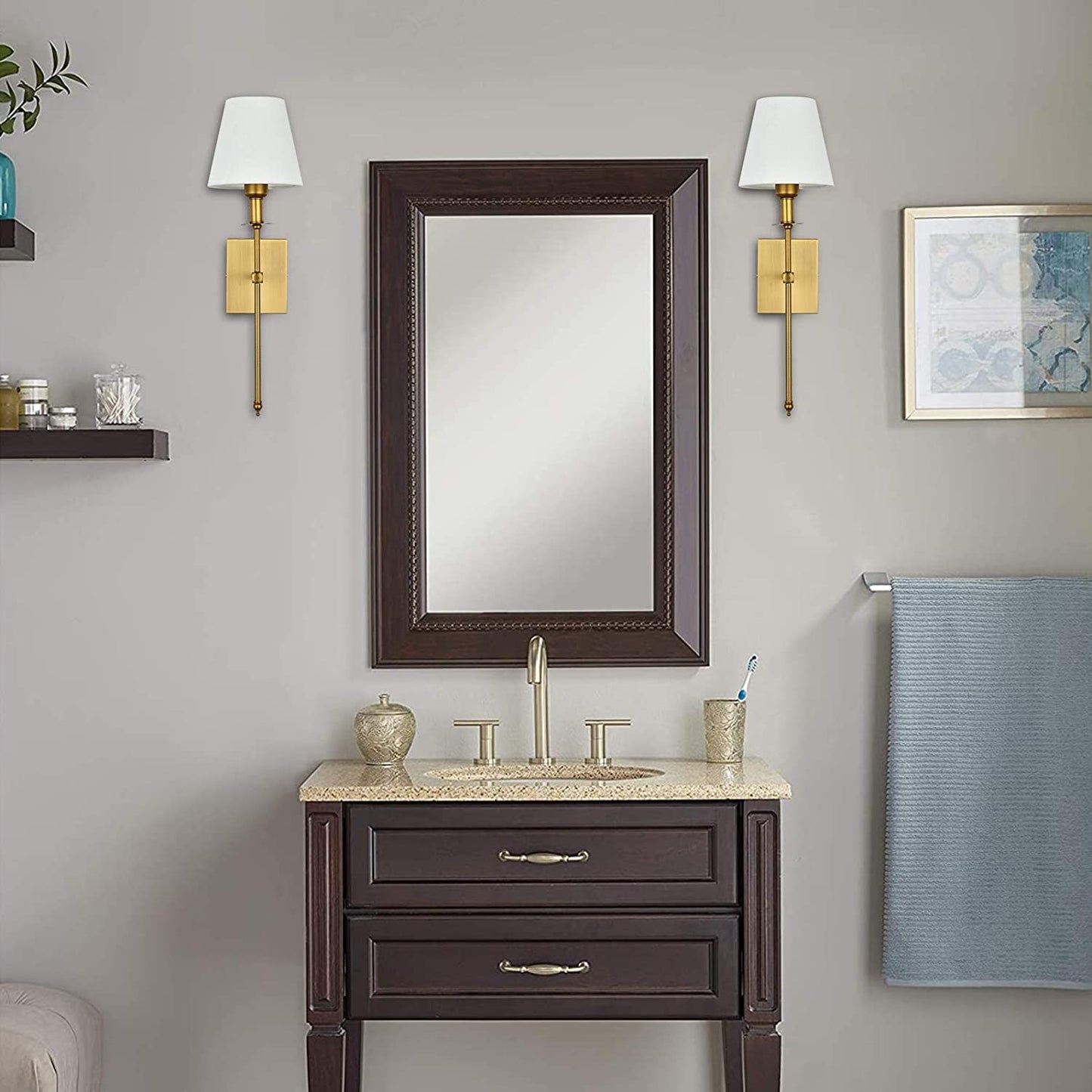 Slim Wall Sconces Set of 2 White Fabric Shade Wall Sconce Hardwired Indoor Wall Light Column Stand Bedroom Wall Lamp Bathroom Vanity Light Fixture, Antique Brass