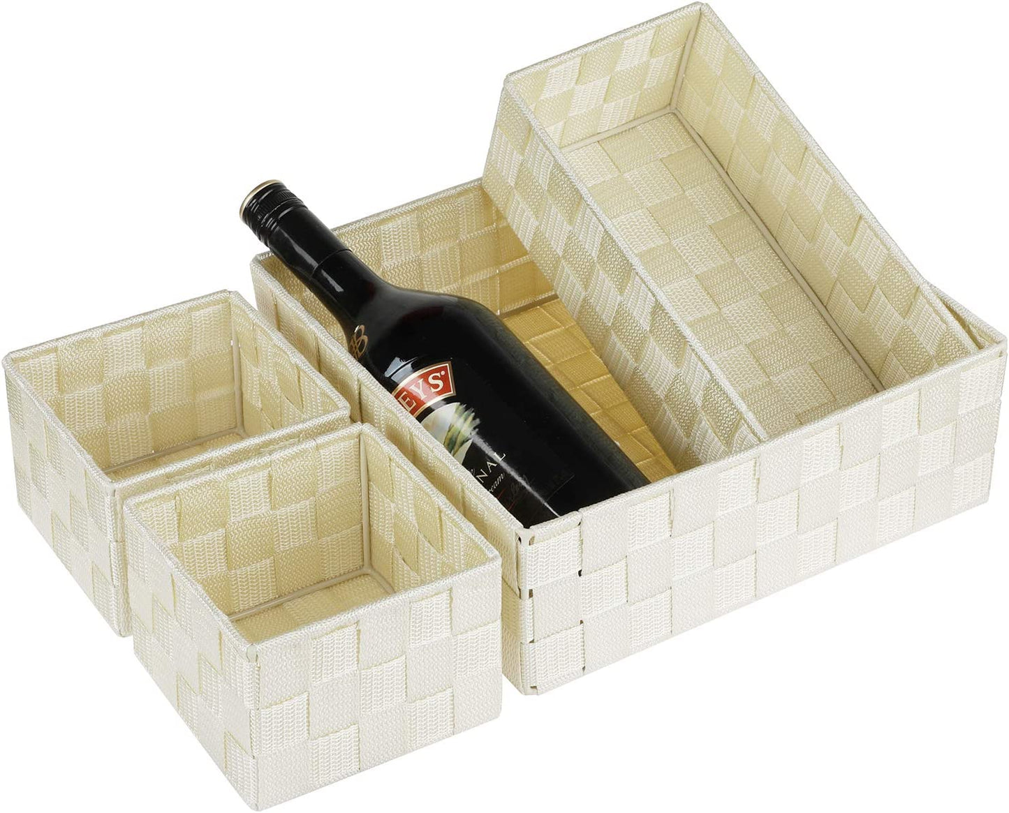 Woven Storage Baskets for Organizing, Posprica Small Black Baskets Cube Bin Container Tote Organizer Divider for Drawer, Closet, Shelf, Dresser, Set of 4(Beige)