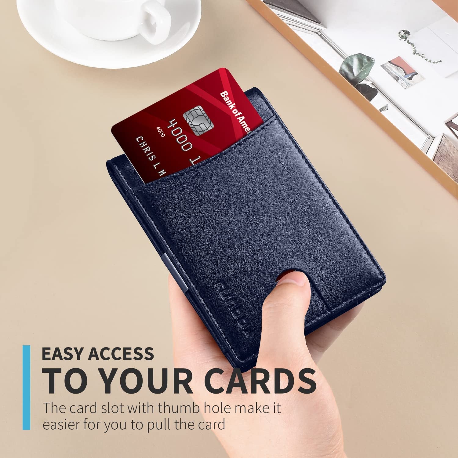 Slim Money Clip Wallet for Men Minimalist Leather Bifold RFID Blocking Large Capacity with Gift Box Blue