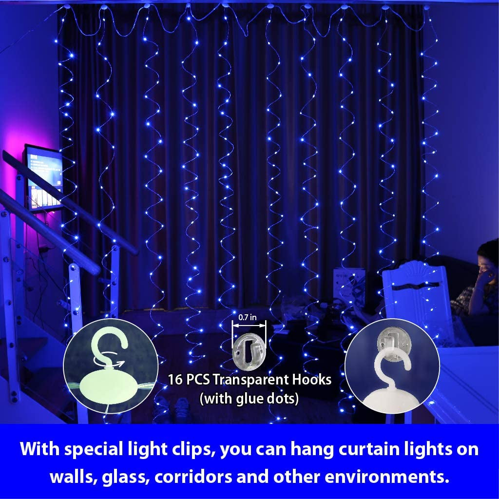 300LED Blue Fairy Curtain Lights with Remote 8 Modes Timer for Bedroom, 9.8X9.8Ft USB Plug in Fairy Hanging String Lights for Outdoor, Weddings, Party, Garden, Wall, Decorations