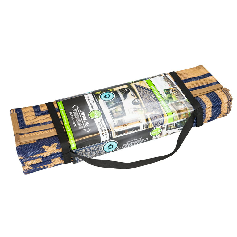 Patio Mats 9x12 Reversible RV Outdoor Patio Mat, Camping Mat, Interlocked Squares, Blue