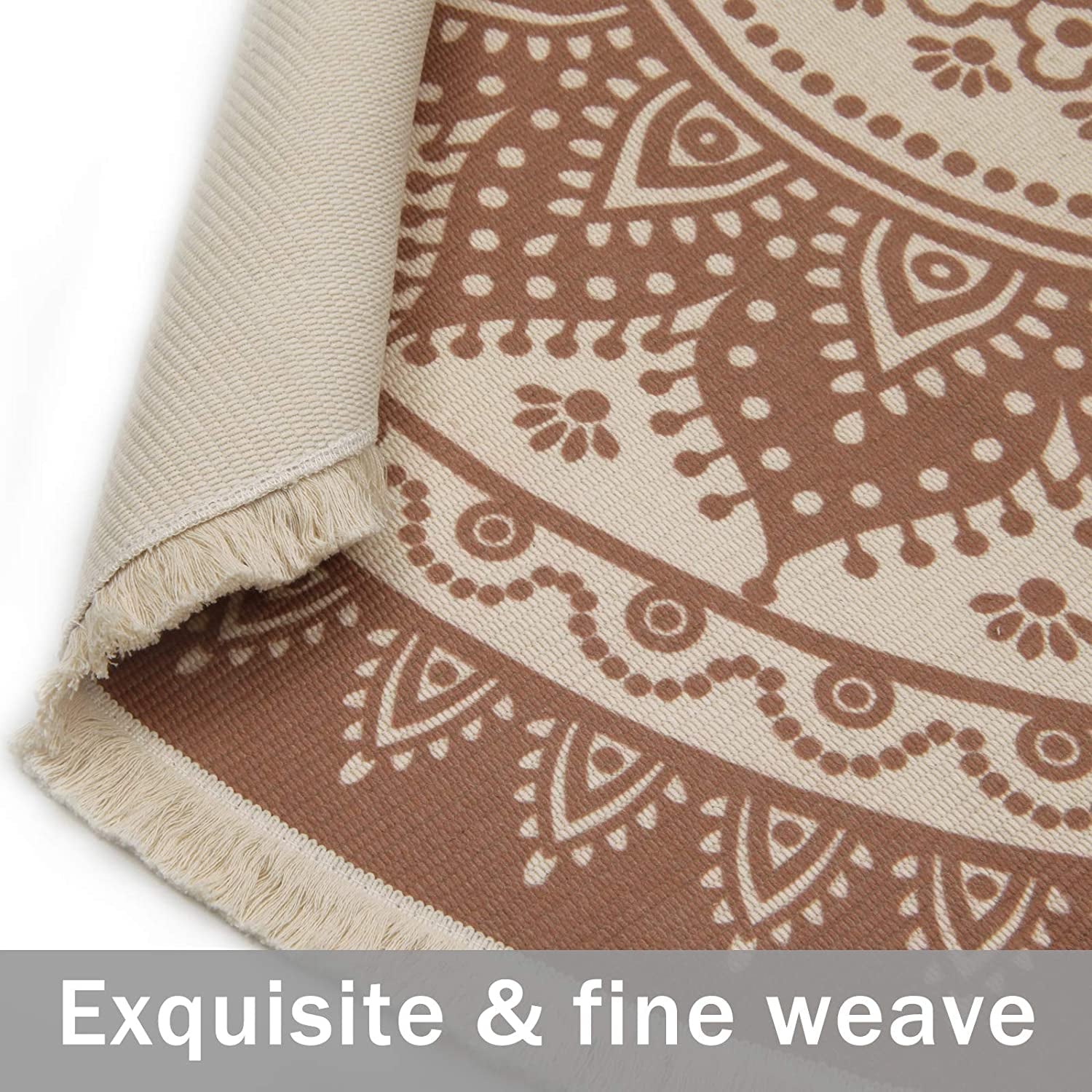 Cotton round Area Rug Hand Woven Cotton Area Rug with Tassels Fringe Washable Chic Bohemian Mandala Indoor Throw Rugs for Living Room Bedroom (4 Ft Diameter, Mandala-Beige)