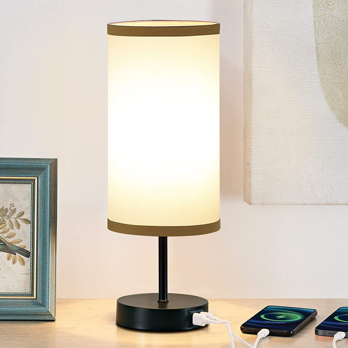 Bedside Lamp with 2 USB Ports,  3-Way Dimmable Touch Control Table Lamp for Bedroom, Nightstand Lamp with round White Fabric Shade for Living Room Home Office (E26 LED Bulb Included)