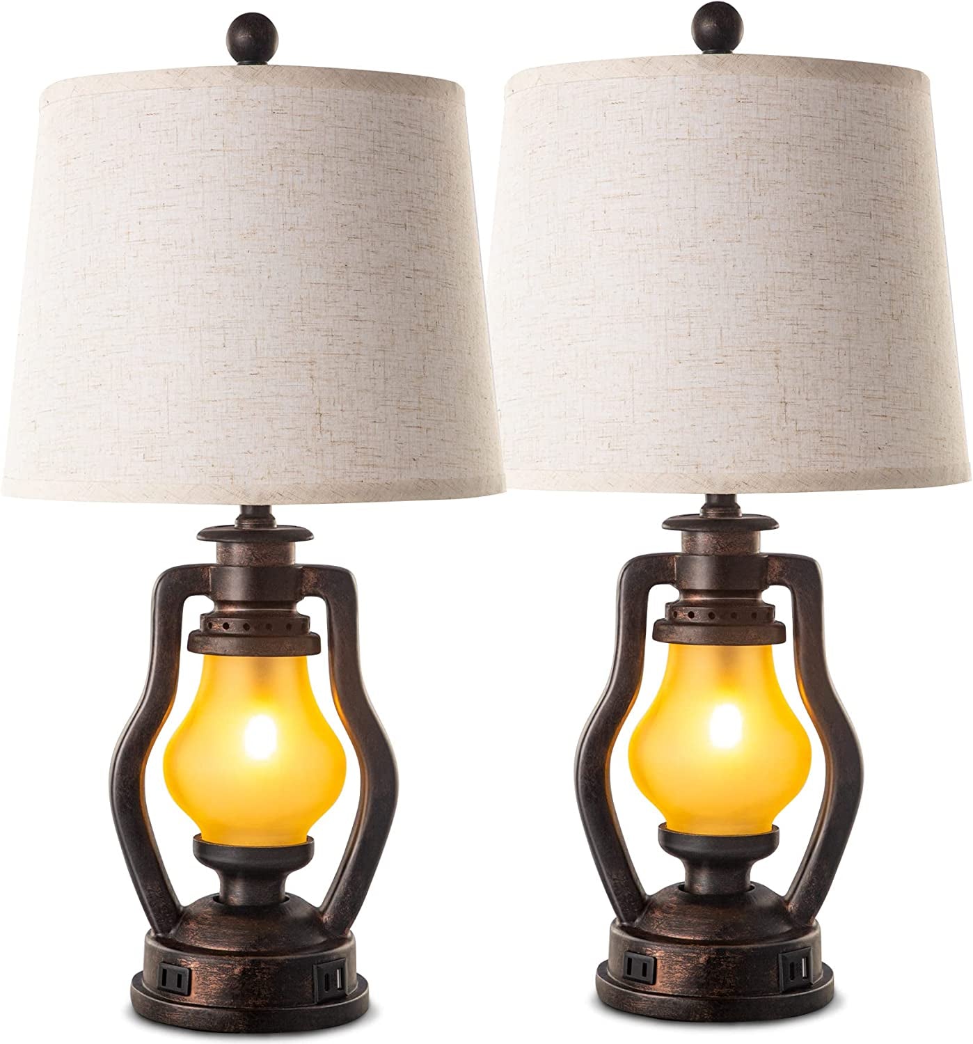 Farmhouse Table Lamps Set of 2 with Nightlight, Lantern Bedside Lamp with 2 USB Port and Outlet, 24 Inch Rustic Nightstand Lamp with Tapered Drum Shade for Living Room Bedroom, Bulbs Included