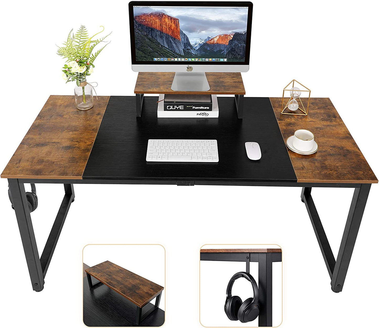 55 Inch Computer Desk, Home Office Desk, Large Writing Study Table with Splice Board, Morden Laptop Table with Monitor Stand, Headphone Hook, Extra Strong Legs (Black + Rustic Brown)