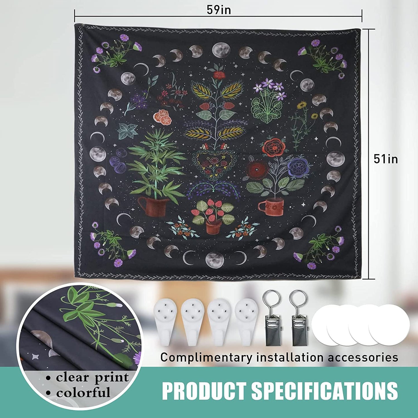 Plant Tapestry, Nature Moon Phase Tapestry Wall Hanging, Bohemian Mandala Tapestry Aesthetic Bedroom Decor, Botanical Tapestries Suitable for Bedroom Home Dorm---50" X 60"