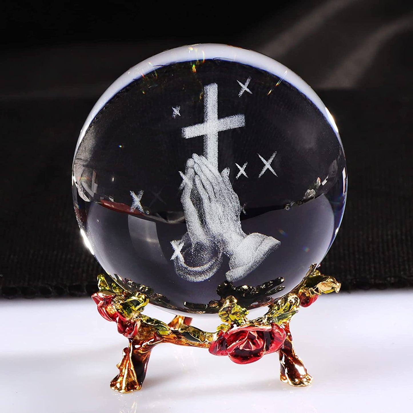 60MM Crystal Ball Engraved 3D Hand Holding a Cross Figurine with Rose Stand Praying Religious Gifts for Women, Christian Gifts for Friend Glass Paperweight Home Decorations (2.36 In.)