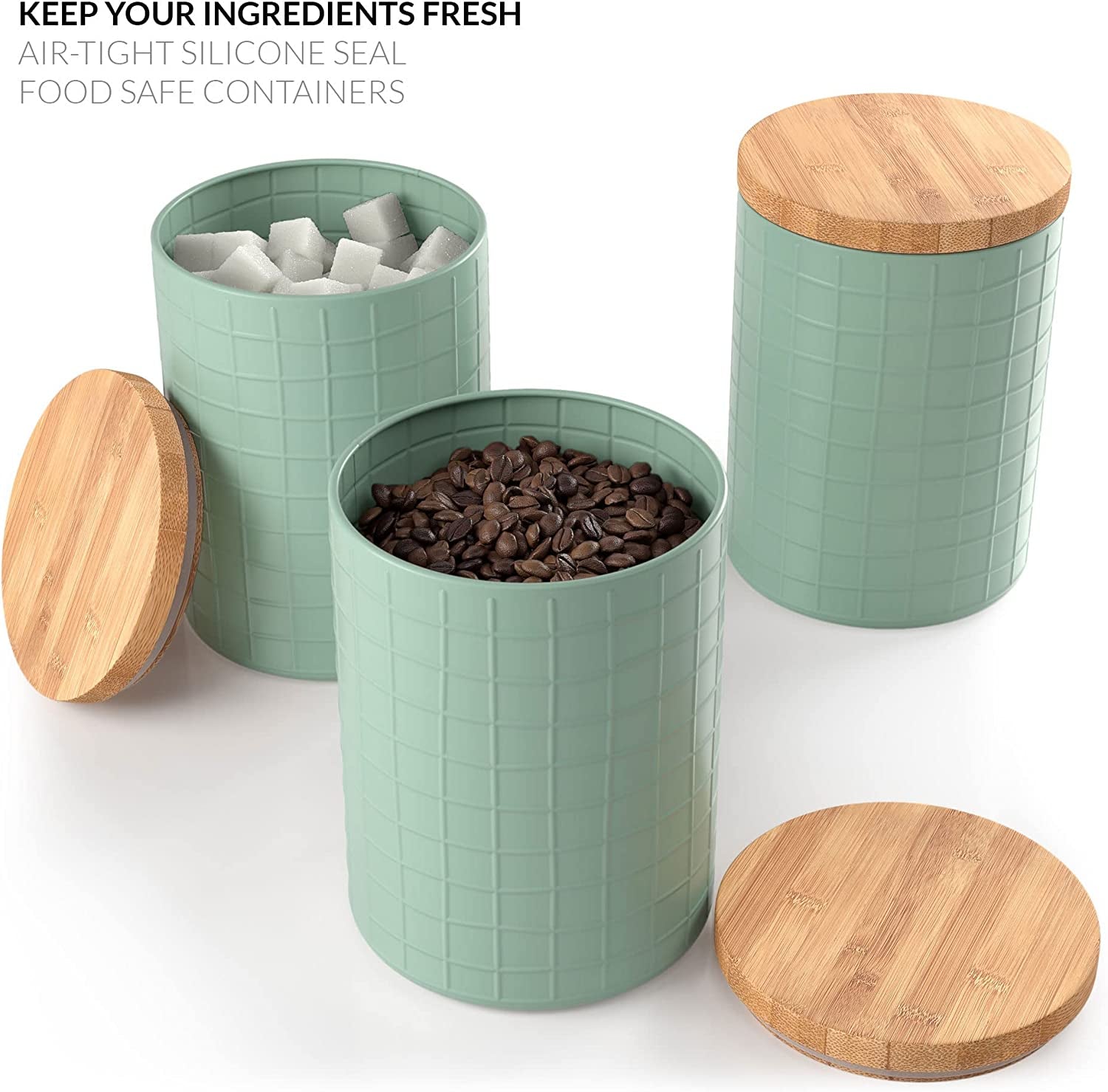 Kitchen Canisters with Bamboo Lids, Airtight Metal Canister Set, Coffee, Sugar, Tea, Flour Storage Containers, Farmhouse Kitchen Decor, Mint, 5.25” X 6.75”, Set of 3