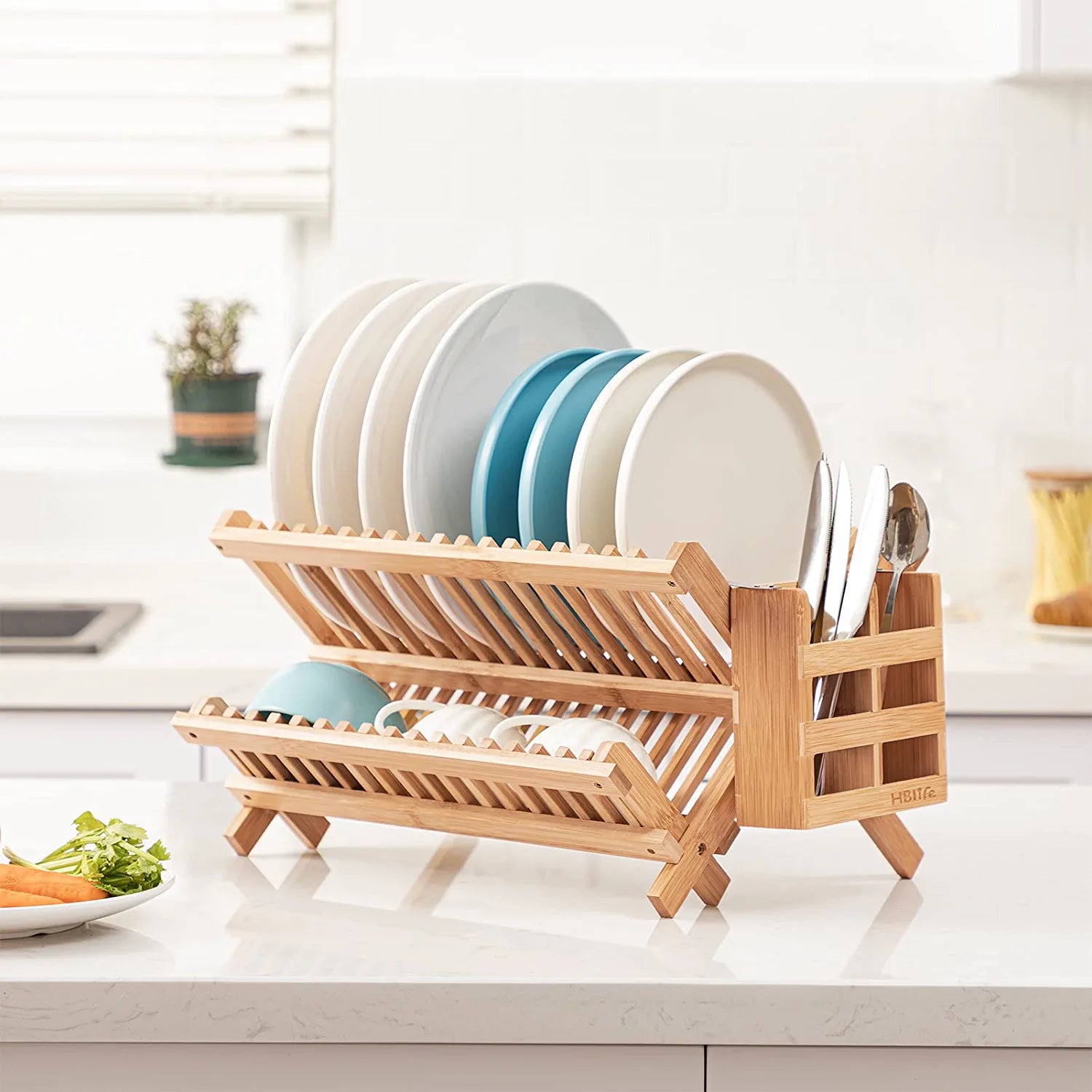 Dish Rack,Bamboo Folding 2-Tier Collapsible Drainer Dish Drying Rack with Utensils Flatware Holder Set (Dish Rack with Utensil Holder)