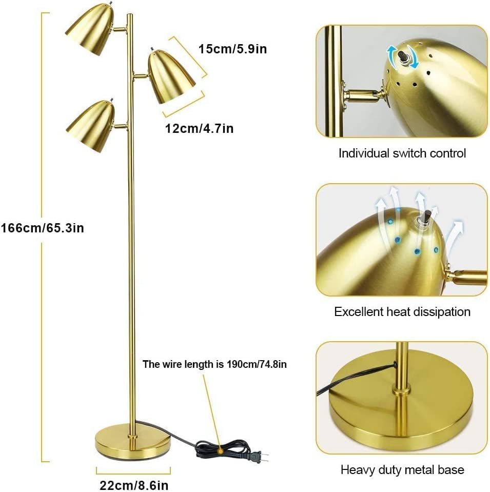 DLLT Modern Floor Lamp, 3-Light Reading Standing Tree Lamp with Adjustable Metal Heads, Brass Tall LED Lighting for Living Room, Bedroom, Study Room, Office, E26 Base (Bulbs Include)